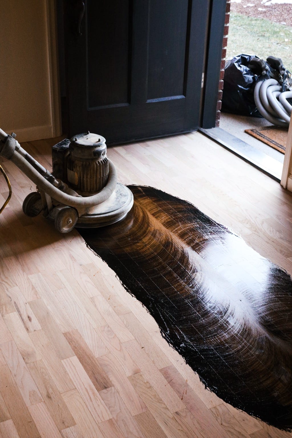 Floor buffer applying stain mid-process, half-coated transformation, Hayden Idaho