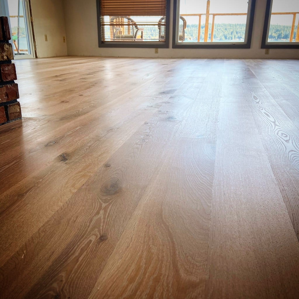 Cerused whitewashed wide-plank oak hardwood floor, Coeur d’Alene Idaho