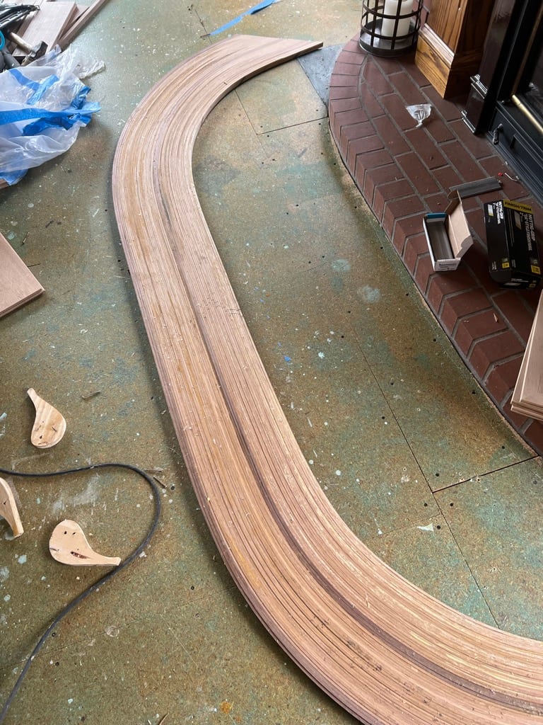 Curved laminated oak staircase parts being built in shop, Coeur d’Alene Idaho