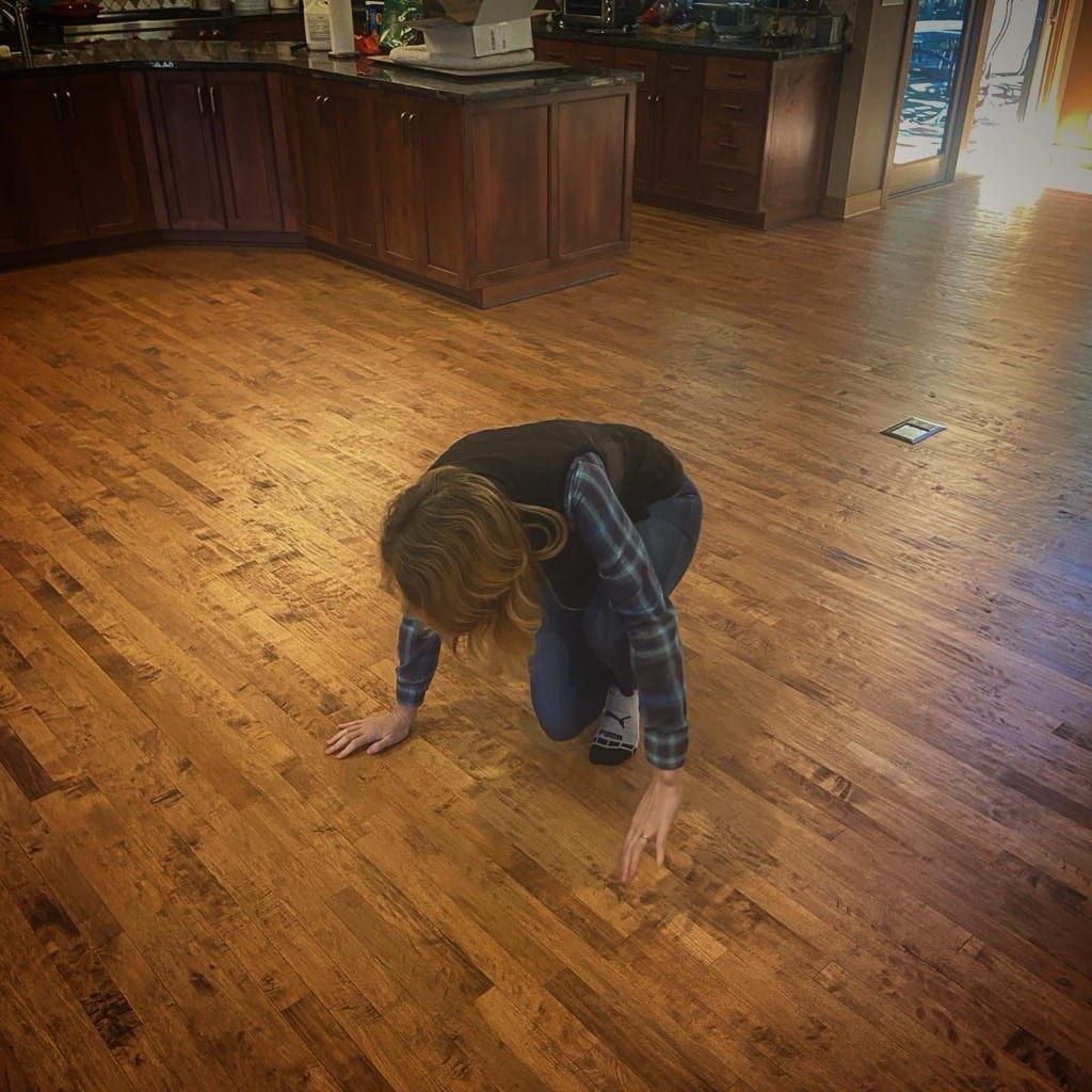 Newly installed hickory hardwood floor in residential kitchen, Post Falls Idaho