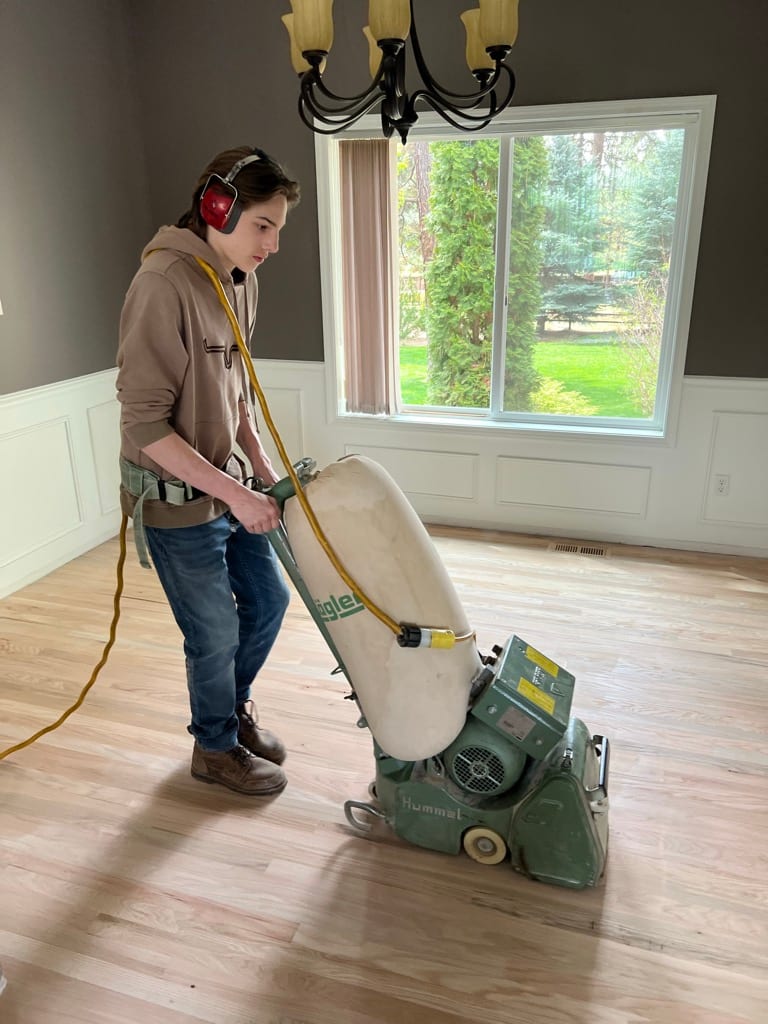 Lagler Hummel drum sander refinishing red oak hardwood floor, Post Falls Idaho