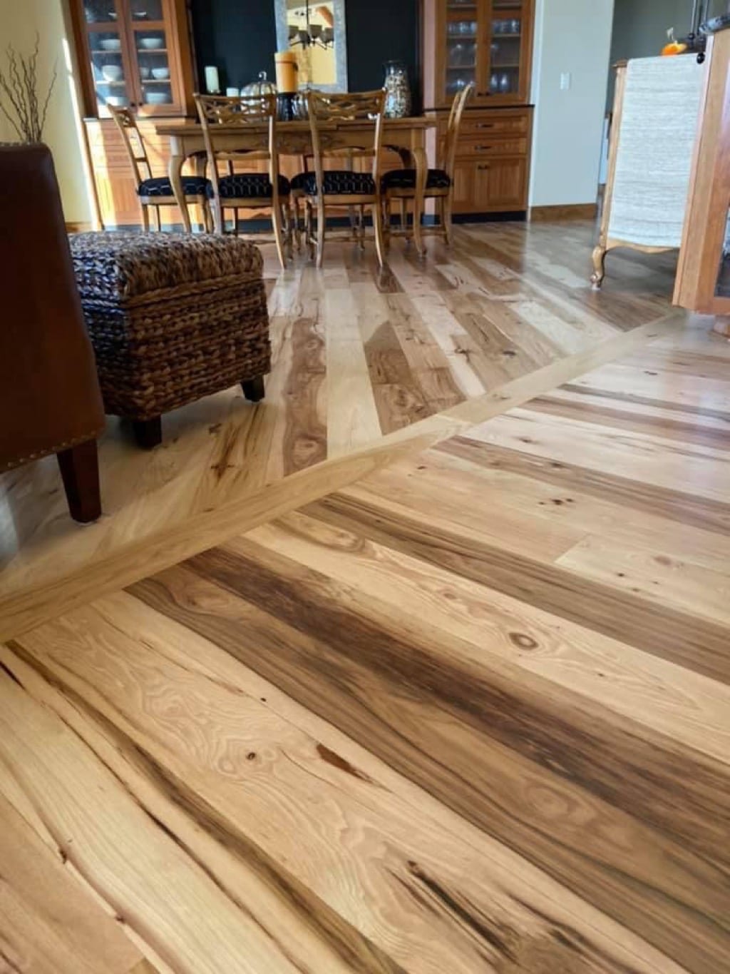 Custom mixed-direction hickory hardwood floor layout, North Idaho