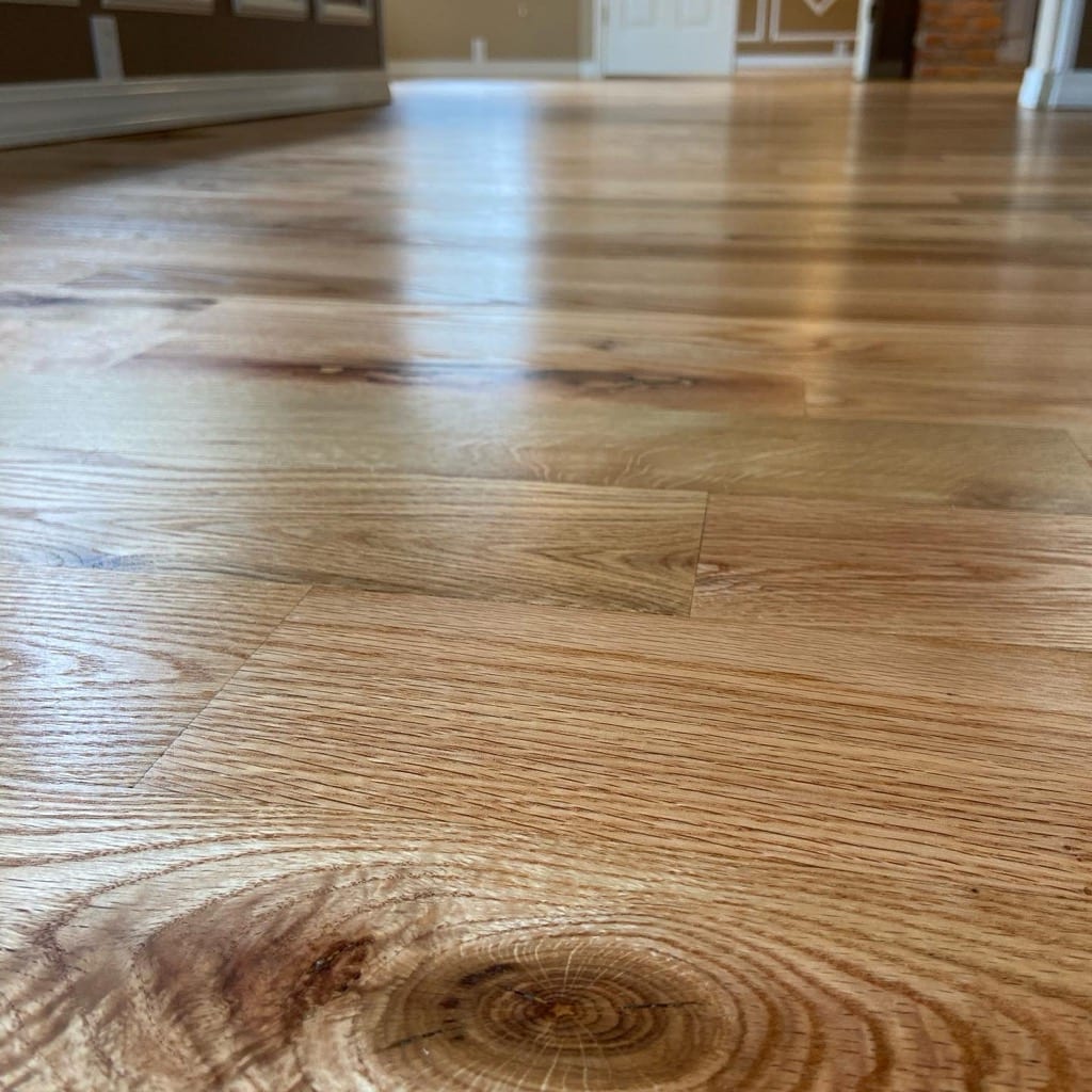 Red oak hardwood with character knot detail after refinishing, Rathdrum Idaho