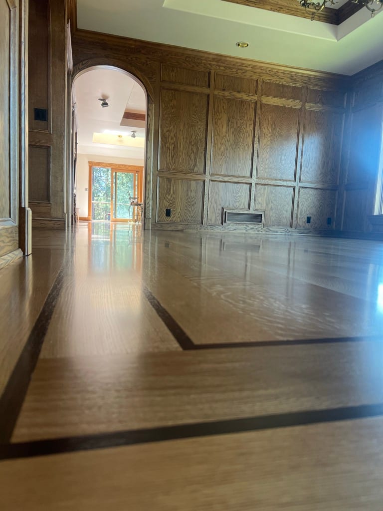 Rift-sawn quartersawn oak floor and paneling custom millwork, North Idaho