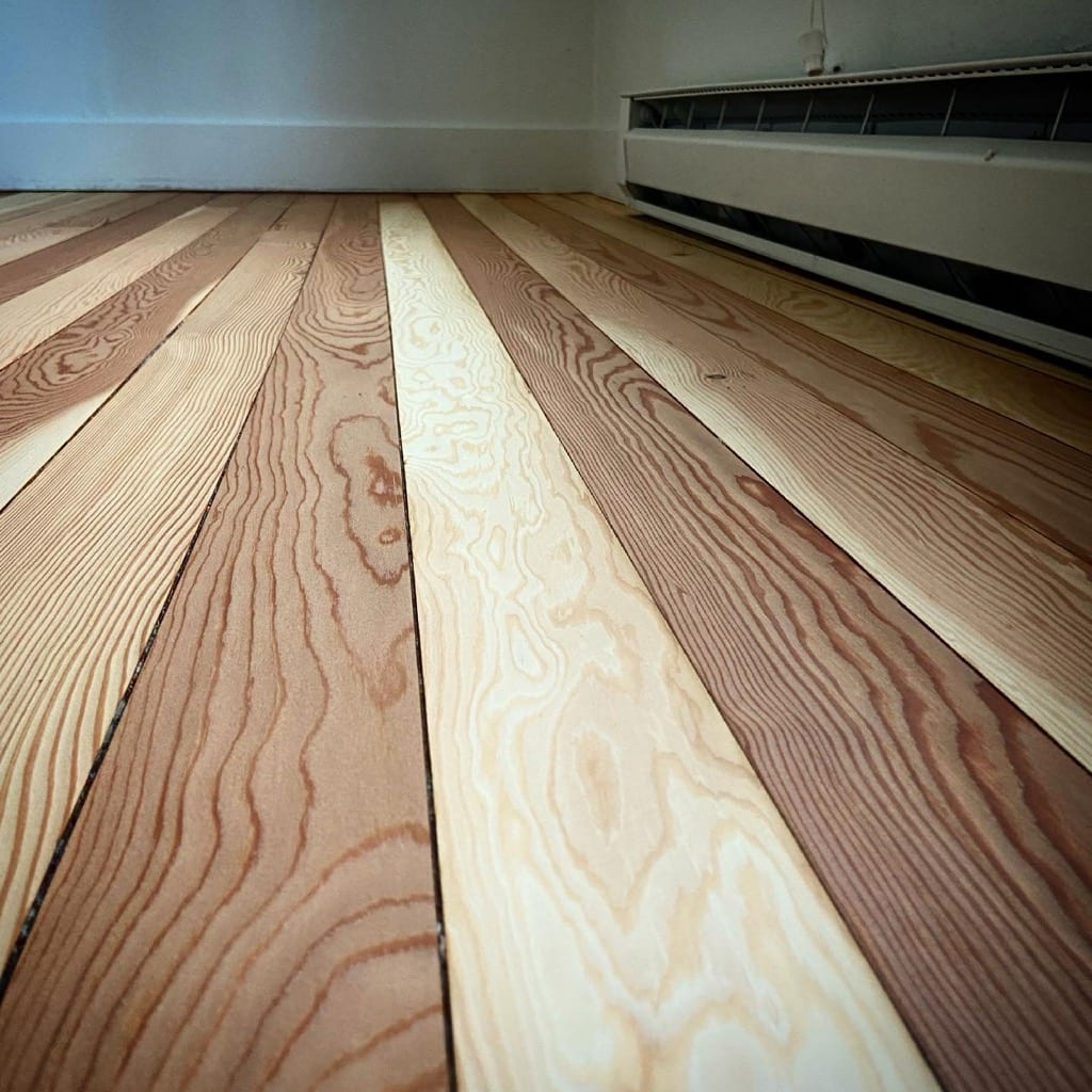 Locally milled vertical-grain fir hardwood floor install, North Idaho Inland Northwest