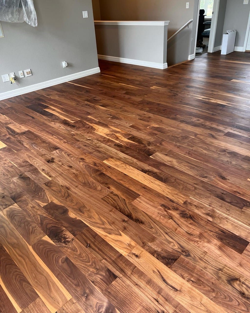 Multi-tone walnut hardwood floor installation, Rathdrum Idaho