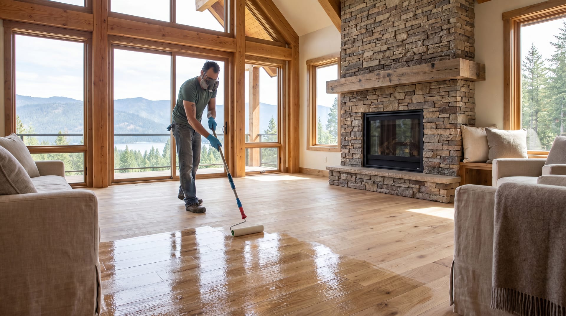 Hardwood floor receiving a fresh waterborne clear coat