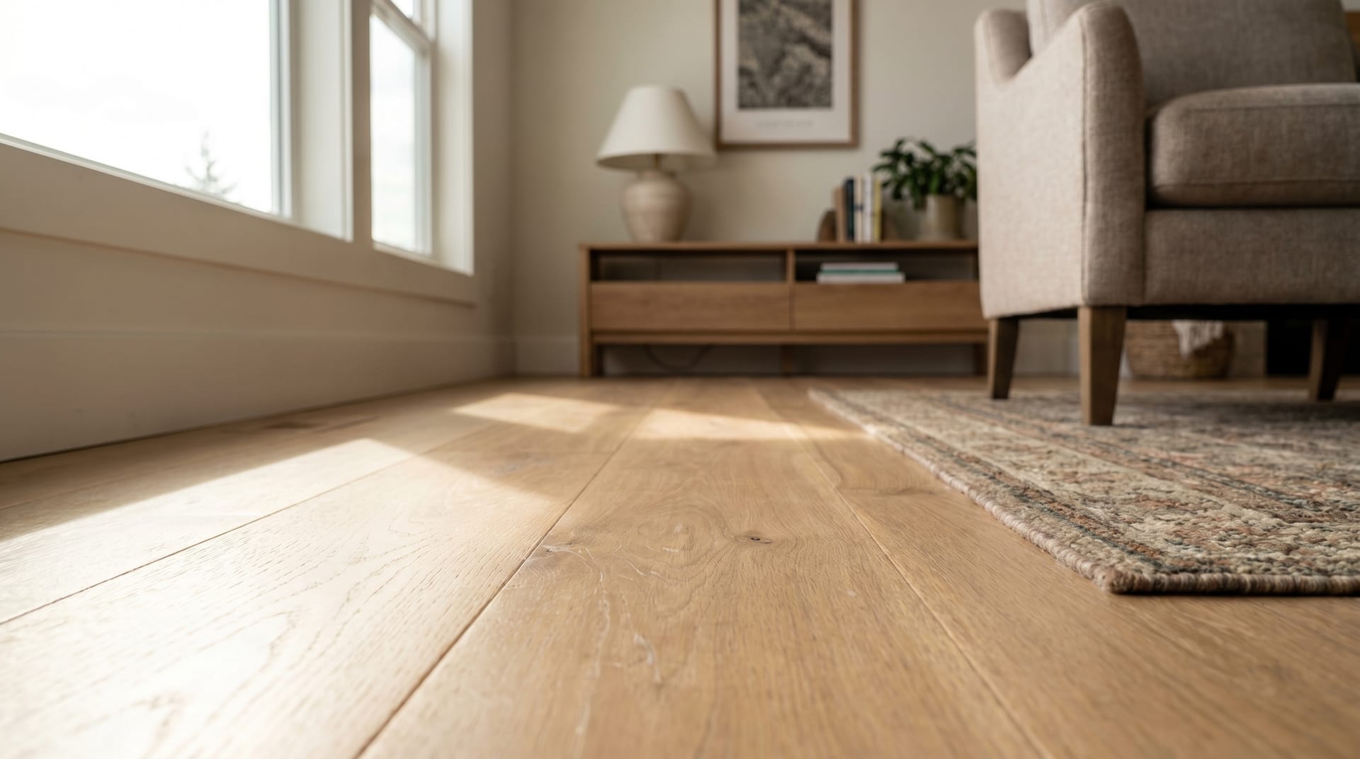 Beautifully maintained wide-plank hardwood floor in a lived-in North Idaho home, finish intact and catching natural light