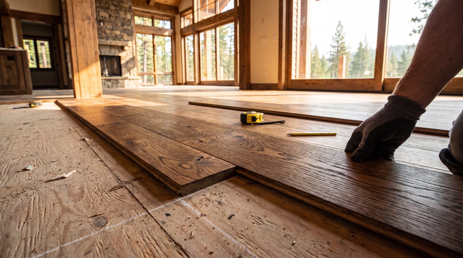 Custom wide-plank hardwood floor mid-installation in a North Idaho home