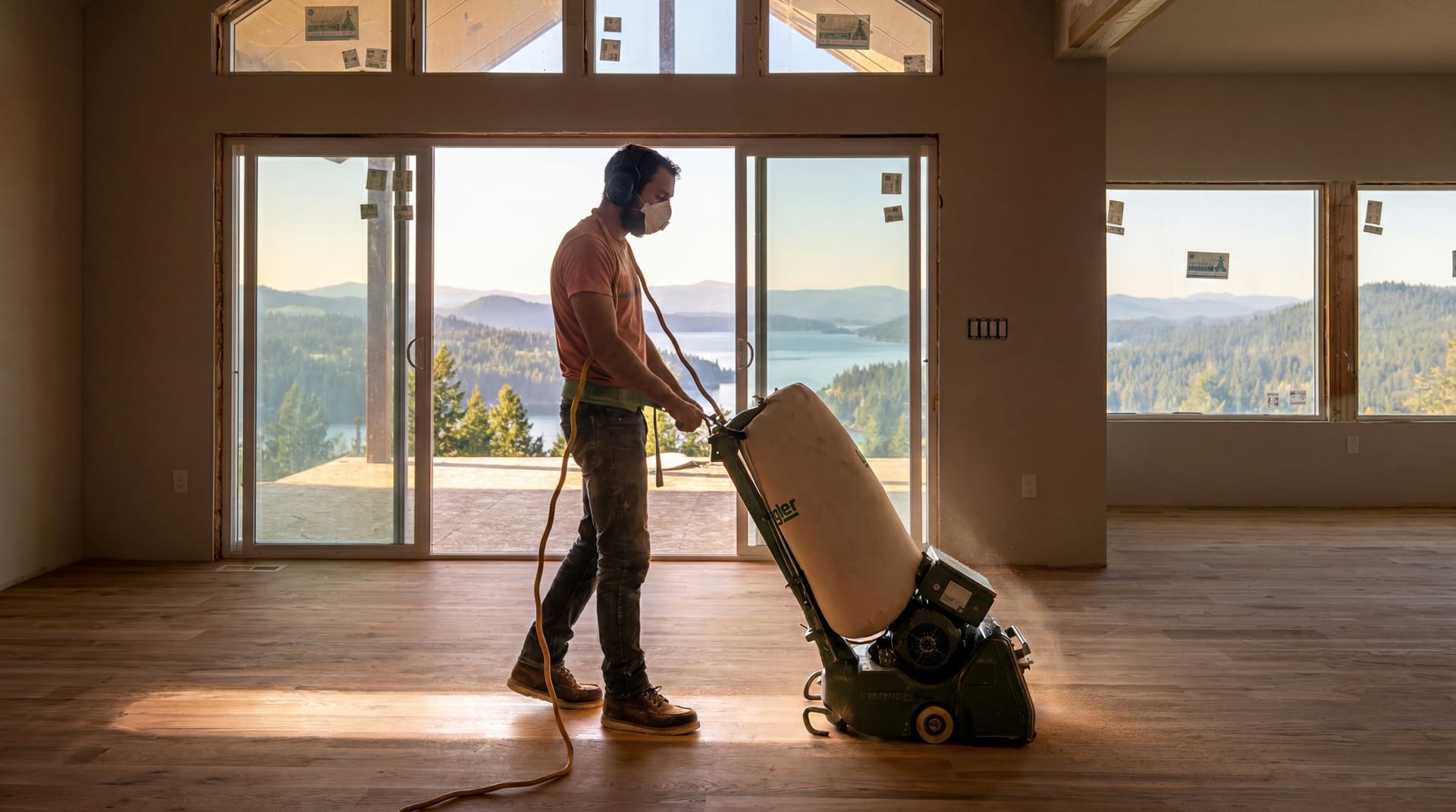 Skilled craftsman refinishing a hardwood floor with a Lagler drum sander