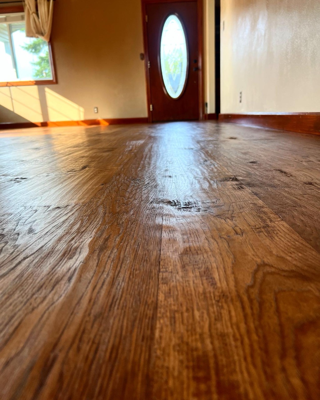 Hand-scraped hardwood floor with rustic texture